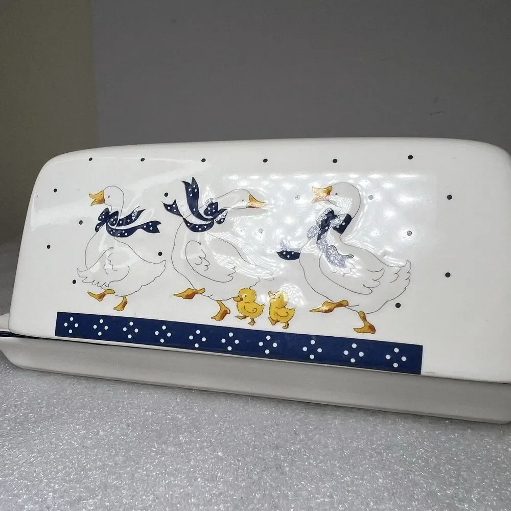 Vtg Geese Goslings Covered Butter Dish Farmhouse Cottagecore Country Motif Japan